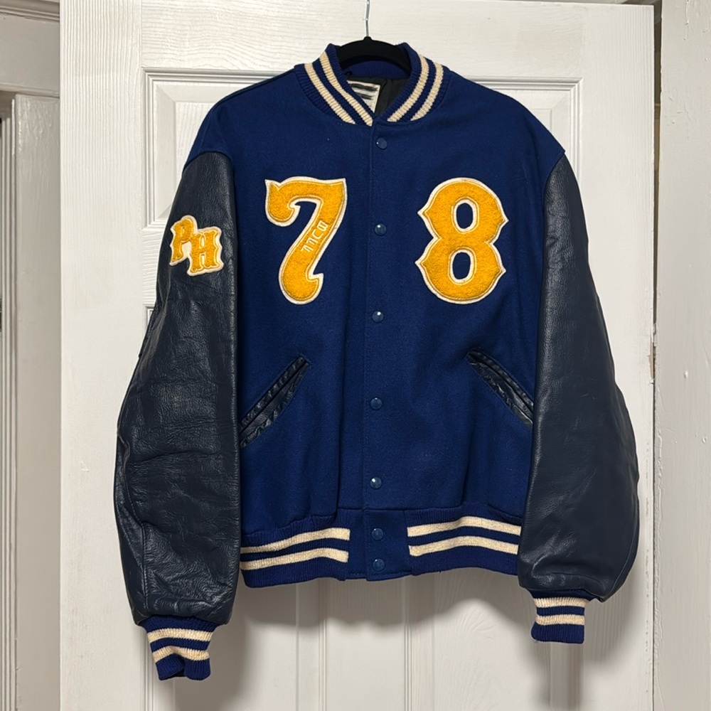 Vintage Blue Leather Letterman Jacket